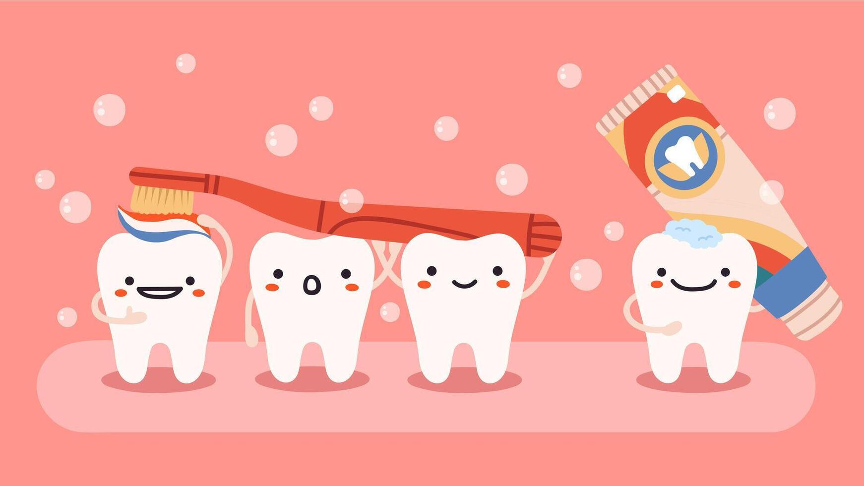 linda diente higiene. sonriente, contento dientes mascotas con cepillo de dientes y pasta dental, oral dental cuidado de la salud aislado vector ilustración