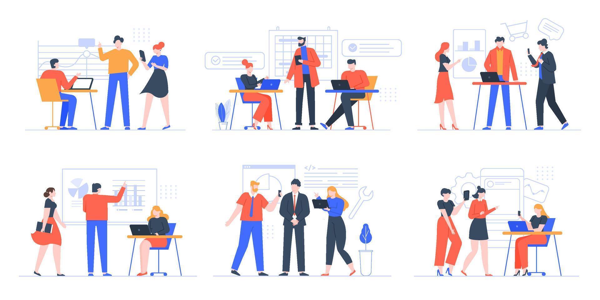 Coworking business team. People working together, creative teamwork in coworking space, office teamwork meeting vector illustration set