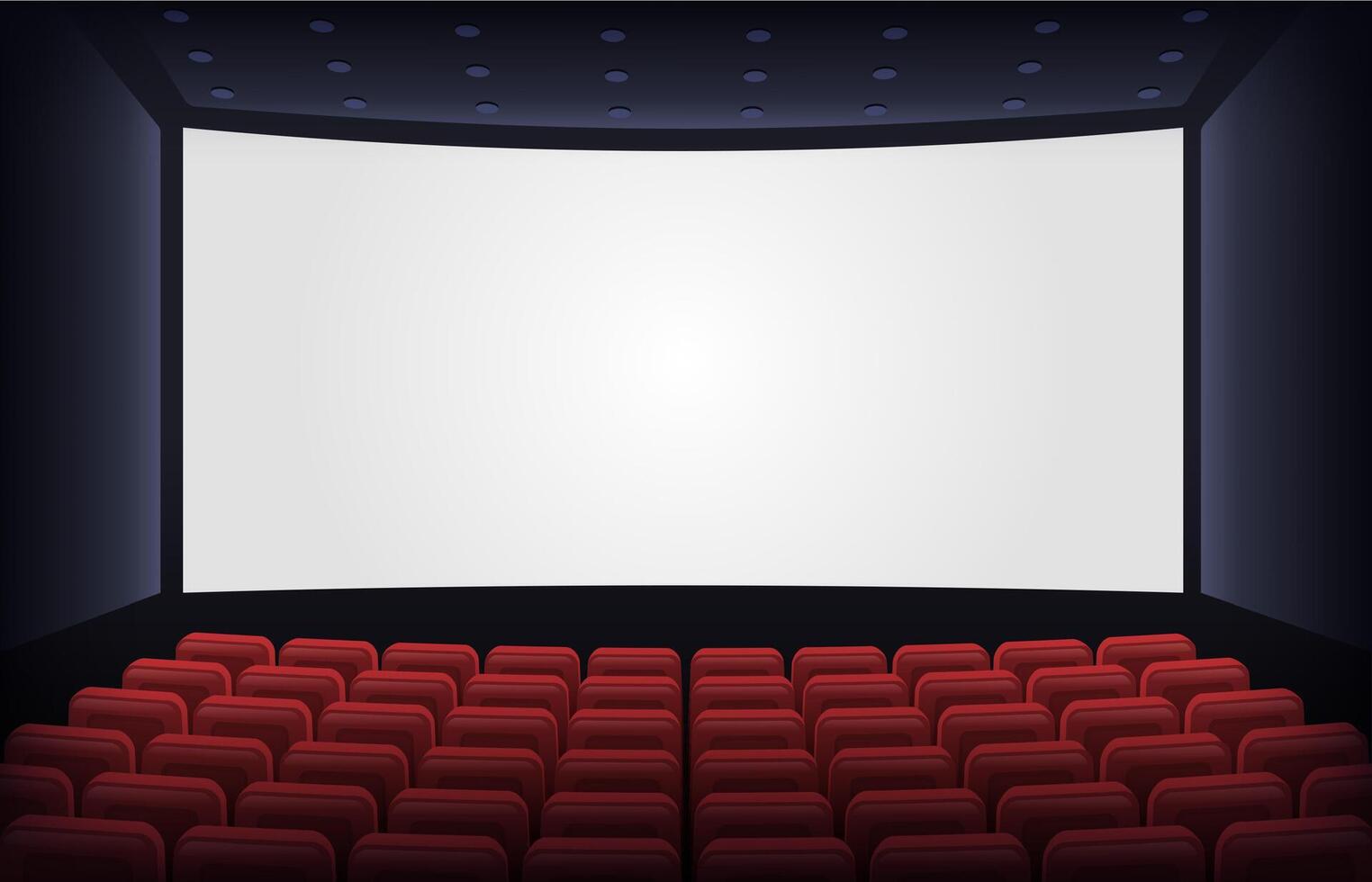 Empty cinema theatre. Film presentation scene with red chairs and white empty screen. Movie theatre empty scene vector illustration