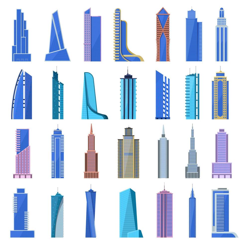 Modern skyscrapers. City office buildings, glass architecture skyscrapers. Urban cityscape tall buildings isolated vector illustration icons set
