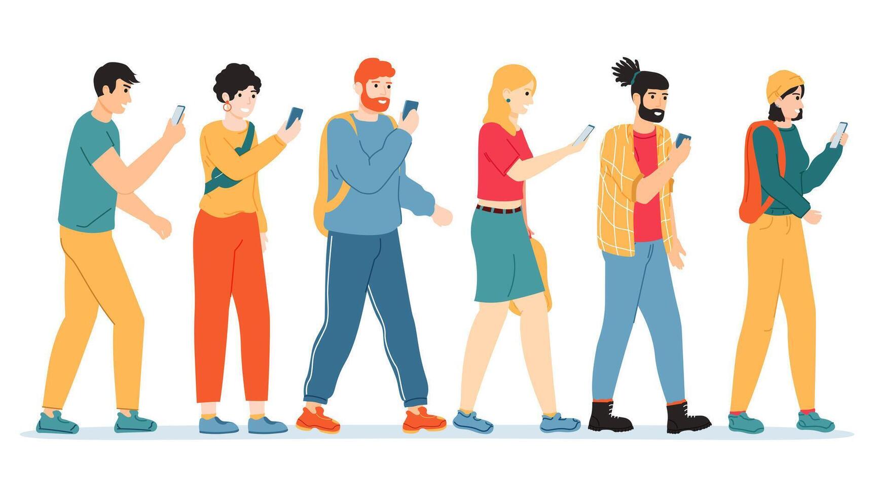 People smartphone addiction. Internet, social media addicted people, male and female characters with gadget addiction problems vector illustration