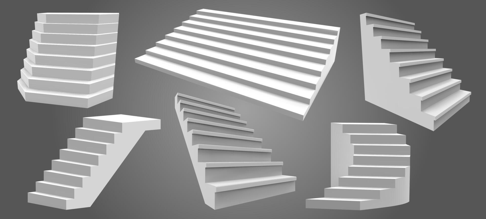 Exterior realistic stairs. Architectural home staircase, modern stairway. Ladders, architectural staircases isolated vector illustration set