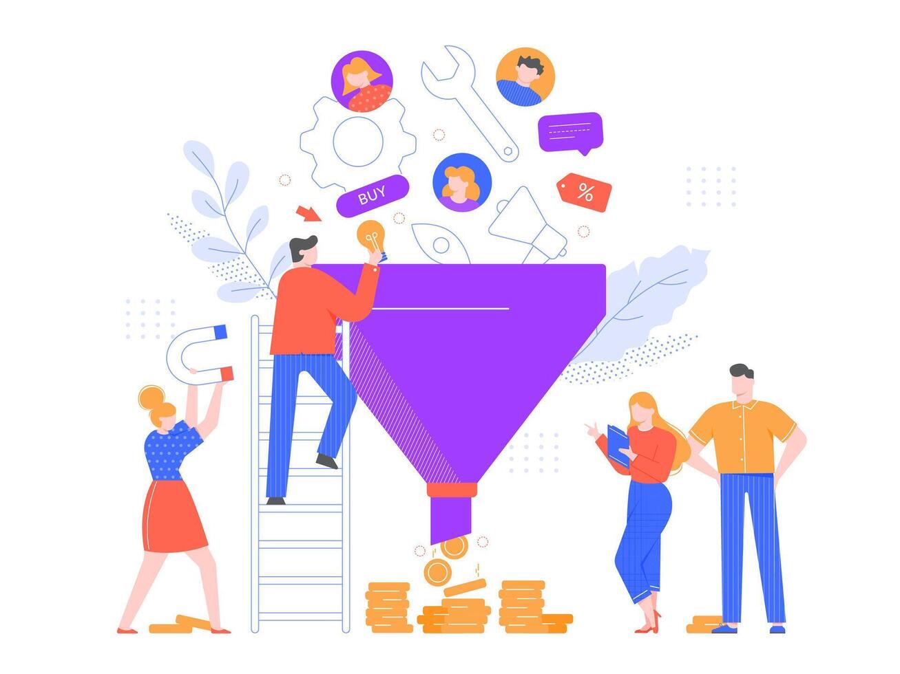 Funnel sales analyzing. Lead generation, marketing funnel and selling strategy vector illustration. Advertising system, customer oriented business. Professional marketers team cartoon characters