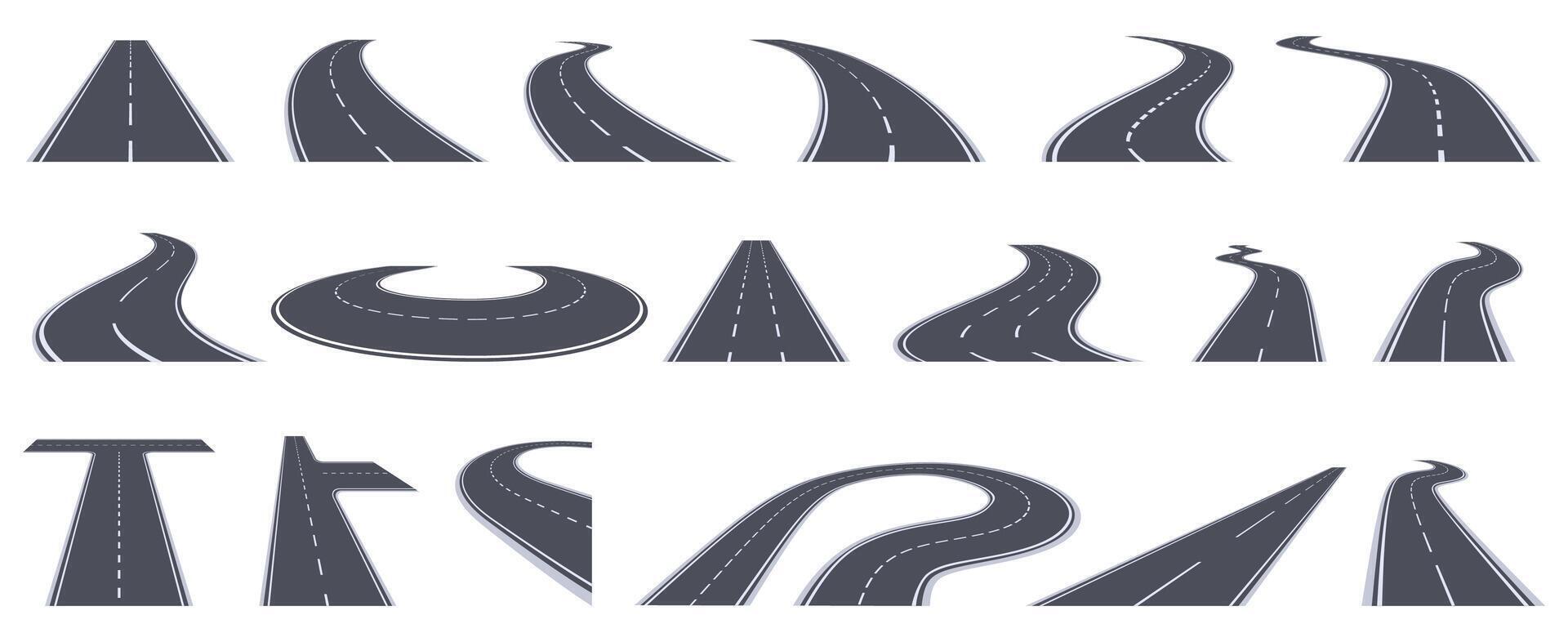 Road perspective view. Curving highway roads, bend asphalt roads in perspective. Turn town urban roads isolated vector illustration set