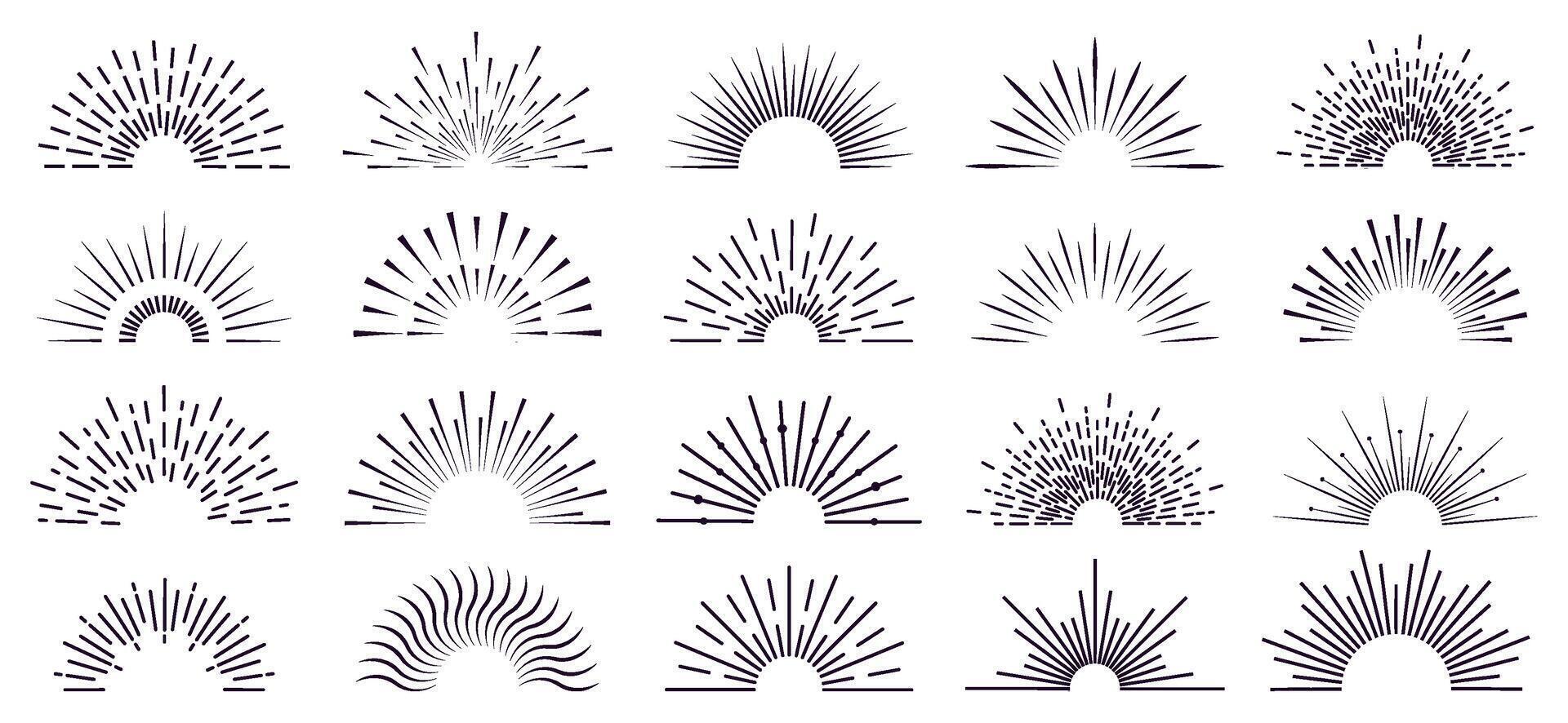 Vintage sunburst. Retro radiant sunburst, starburst hand drawn label, sun rays, firework radiant rays. Bursting explosion lines vector isolated icon set
