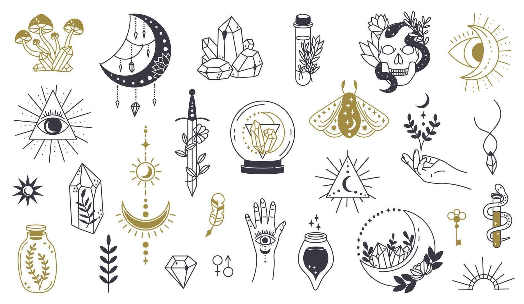 Magic doodle symbol. Witch hand drawn magic element, doodle witchcraft crystal, skull, knife, mystery tattoo sketch vector illustration icons set