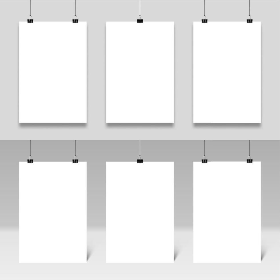 póster Bosquejo colgando en clips de papel. realista carteles marcos modelo vector colocar. blanco papel tableros con aglutinantes papelería accesorios, oficina elementos. colección de blanco pancartas