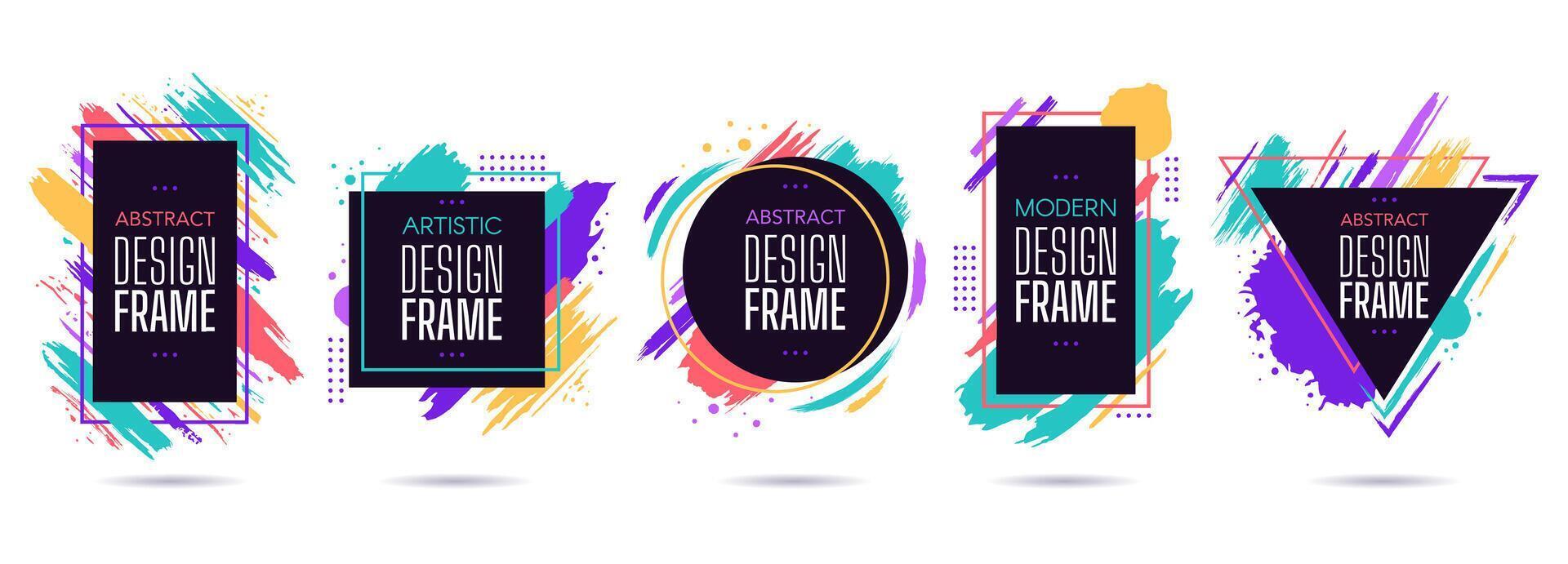 Stain frame with text elements. Grunge paint brush stroke frames, dynamic box for text, modern geometric frame design vector isolated set. Collection of black frames with colorful paintbrush smears