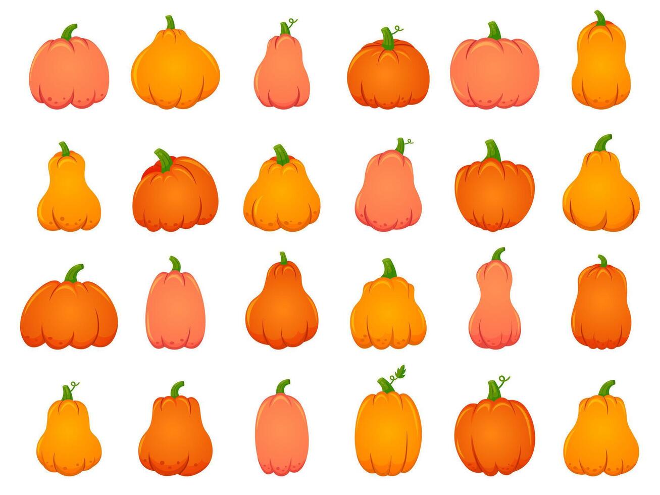 Víspera de Todos los Santos otoño calabazas dibujos animados tradicional decoración, fiesta naranja calabaza, octubre Víspera de Todos los Santos cosecha aislado vector ilustración íconos conjunto