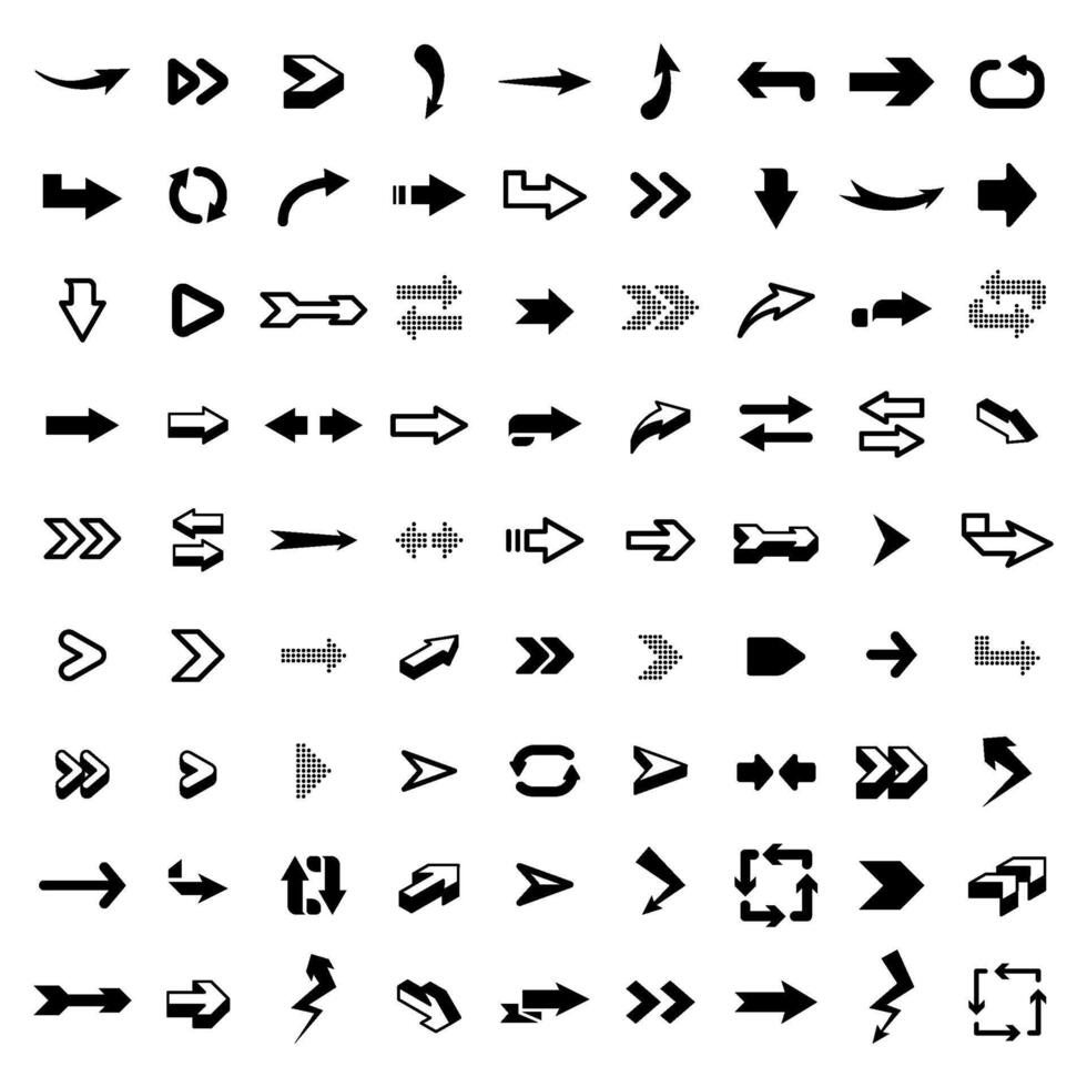 Graphic arrows. Modern interface graphic icons, arrowhead collection and direction pointers isolated vector design elements. Black glyph digital cursors set on white background. Navigation items