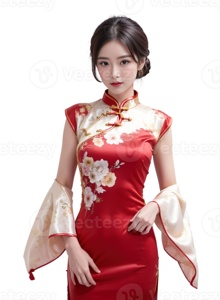 AI generated Women Cheongsam dress, Chinese New Year, PNG Transparent background, AI Generative
