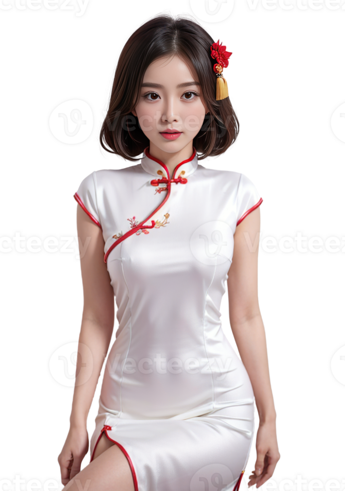 ai generado mujer cheongsam vestido, chino nuevo año, png transparente fondo, ai generativo