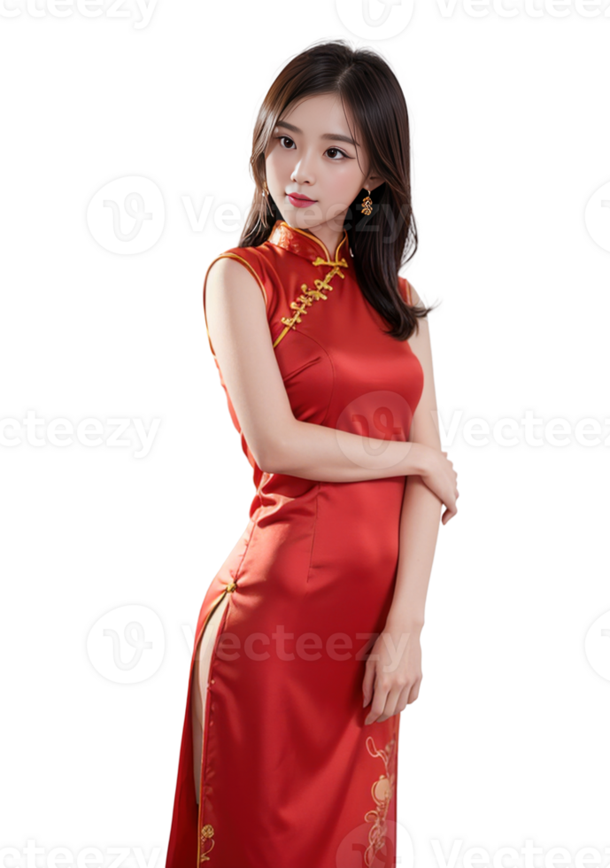 ai generado mujer cheongsam vestido, chino nuevo año, png transparente fondo, ai generativo