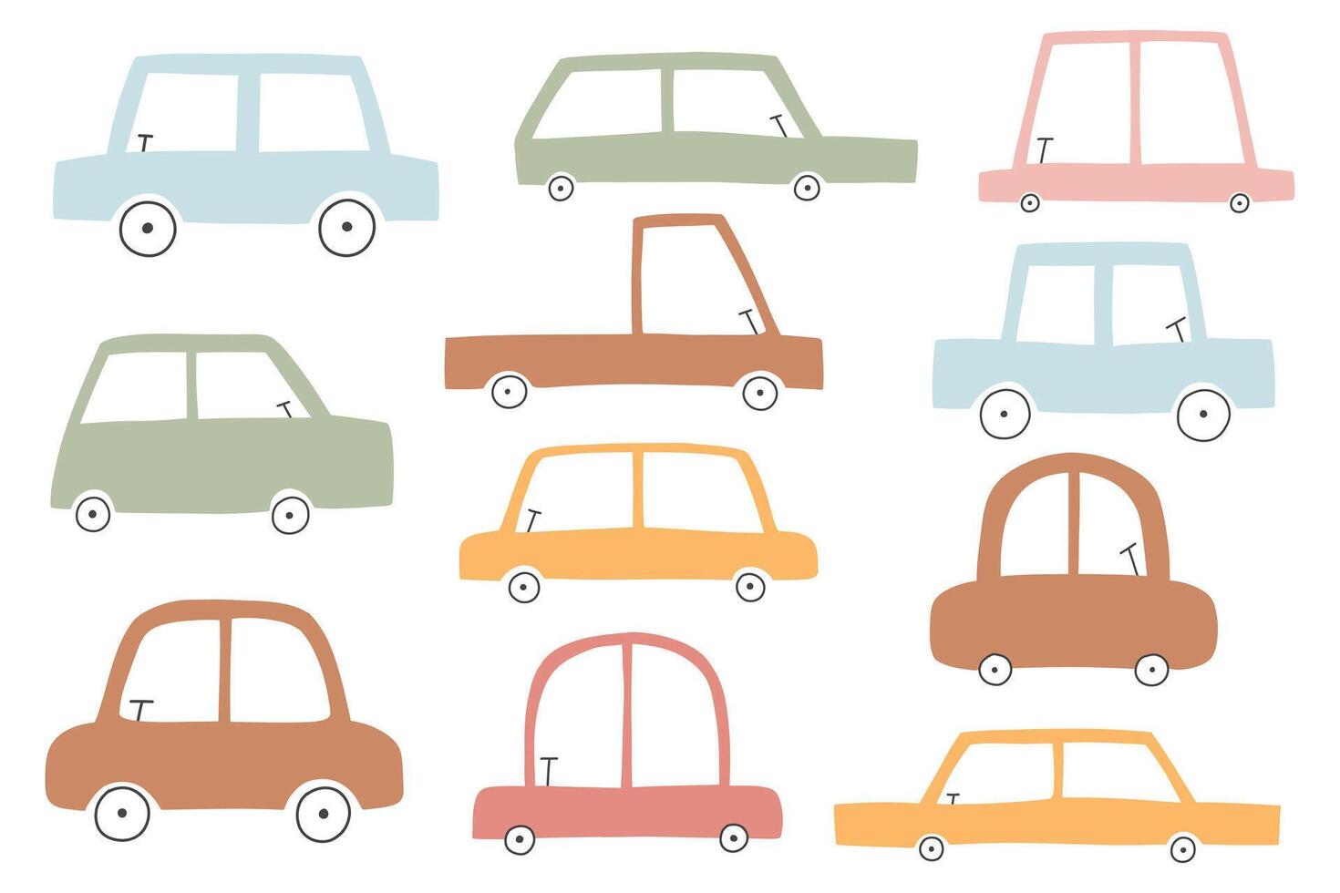 Set of cars in boho style. Cute collection of kids cars. Vector illustration.