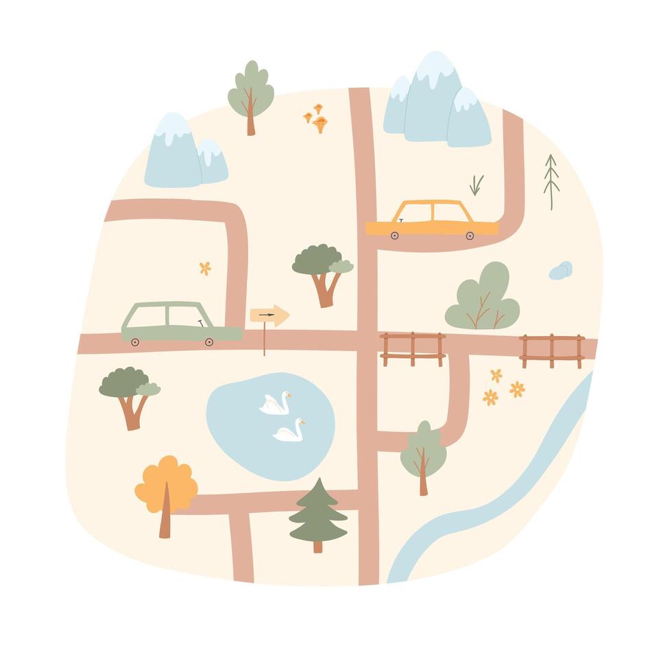 Kids city map. Vector illustration of a city map with cars, mountains, trees. Hand-drawn illustration for a childrens room.