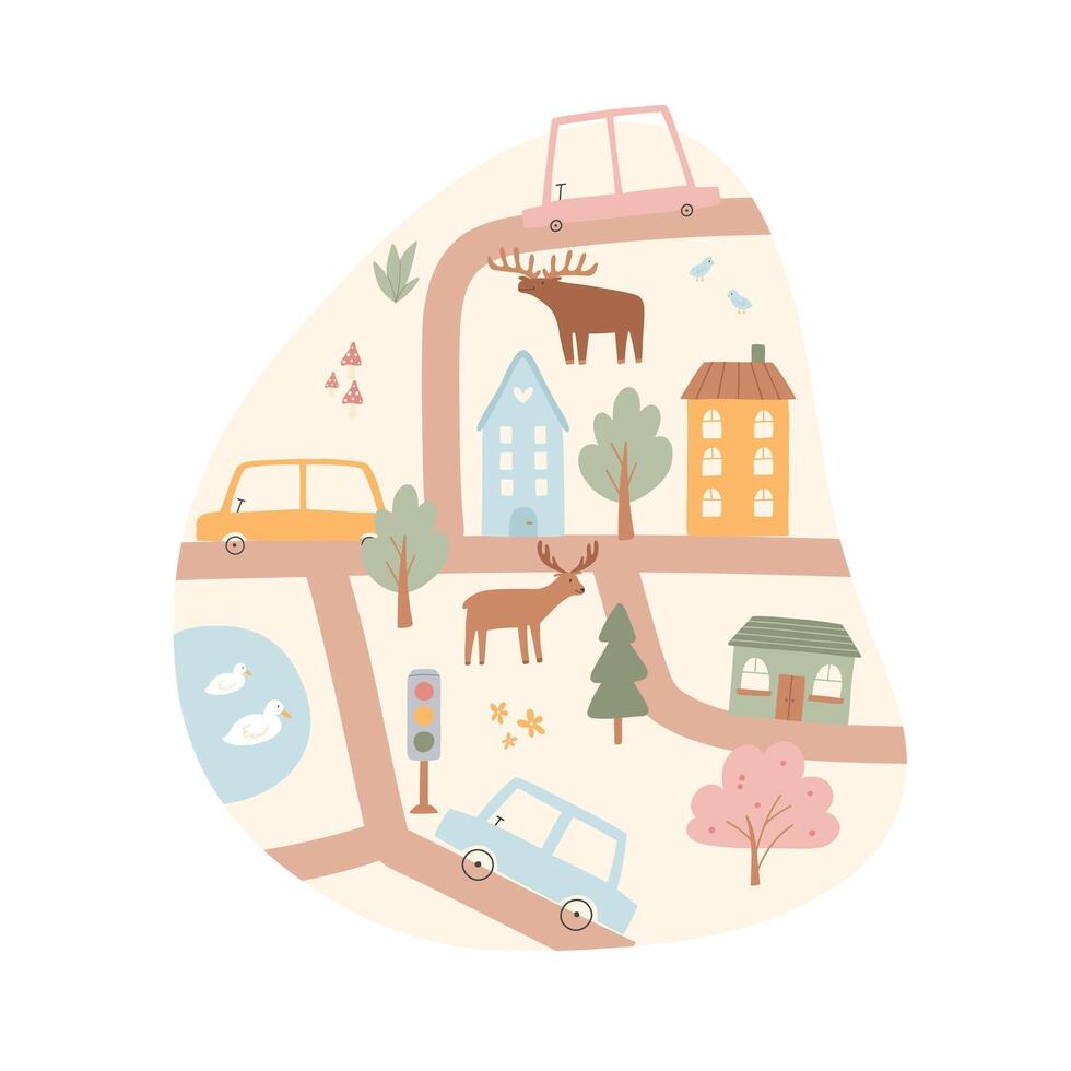 Kids city map. Vector illustration of a city map with cars, mountains, trees. Hand-drawn illustration for a childrens room.