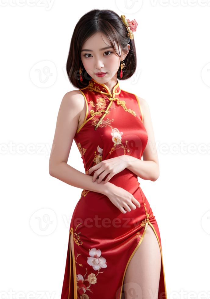 AI generated Women Cheongsam dress, Chinese New Year, PNG Transparent background, AI Generative