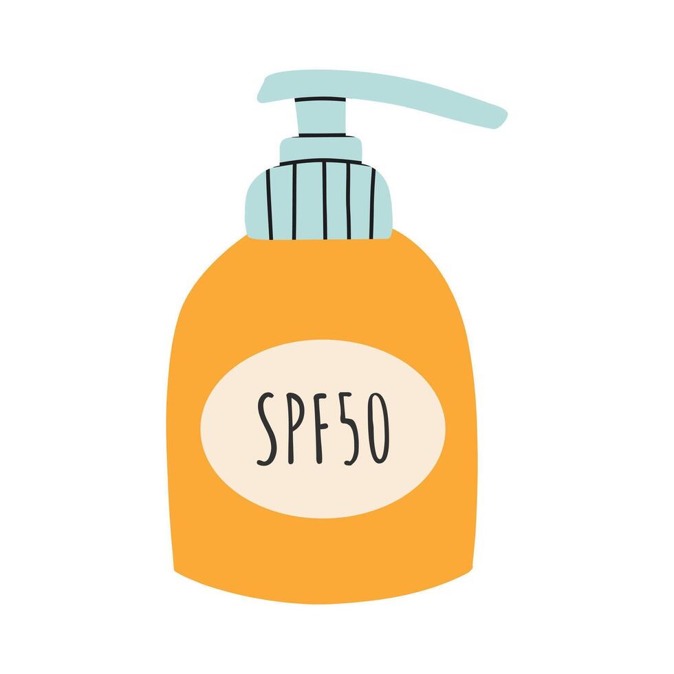 Sunscreen, lotion with SPF. Sun protection and sun safety. Sunscreen, lotion with SPF. Sunscreen lotion isolated. hand drawn vector illustration. Flat style.