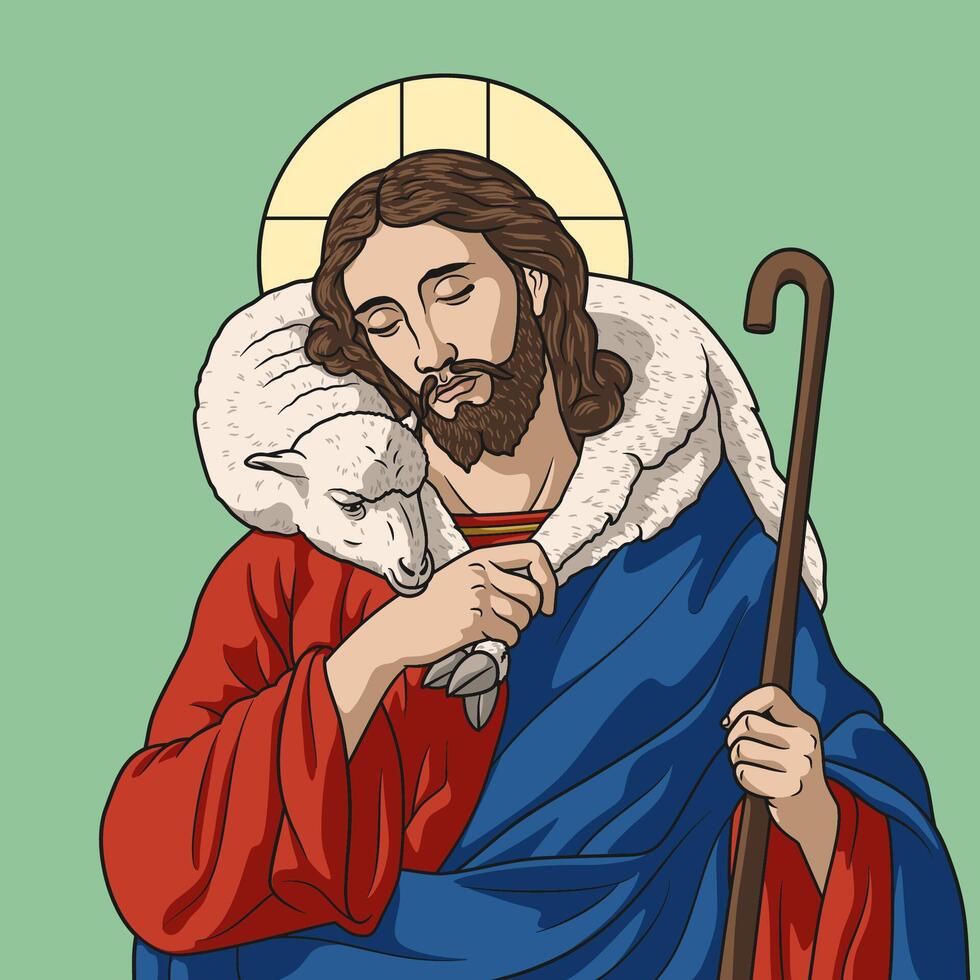 Jesus Christ the Good Shepherd carrying a sheep Colored Vector Illustration