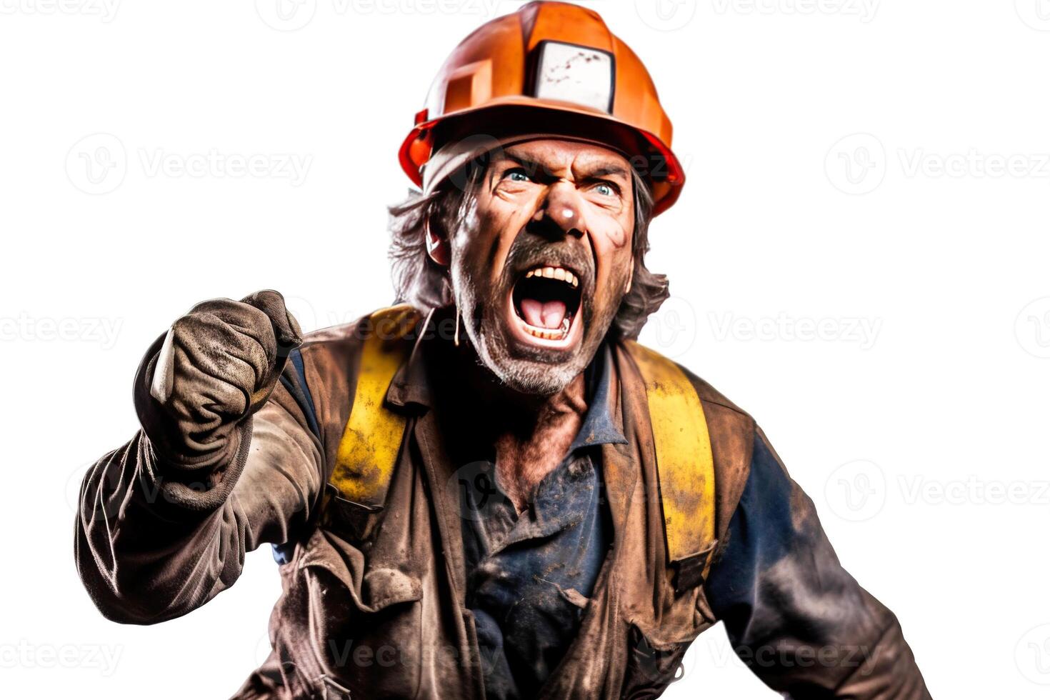 AI generated Close up of mountain worker male miner in uniform with tool, stern angry, white background isolate. photo