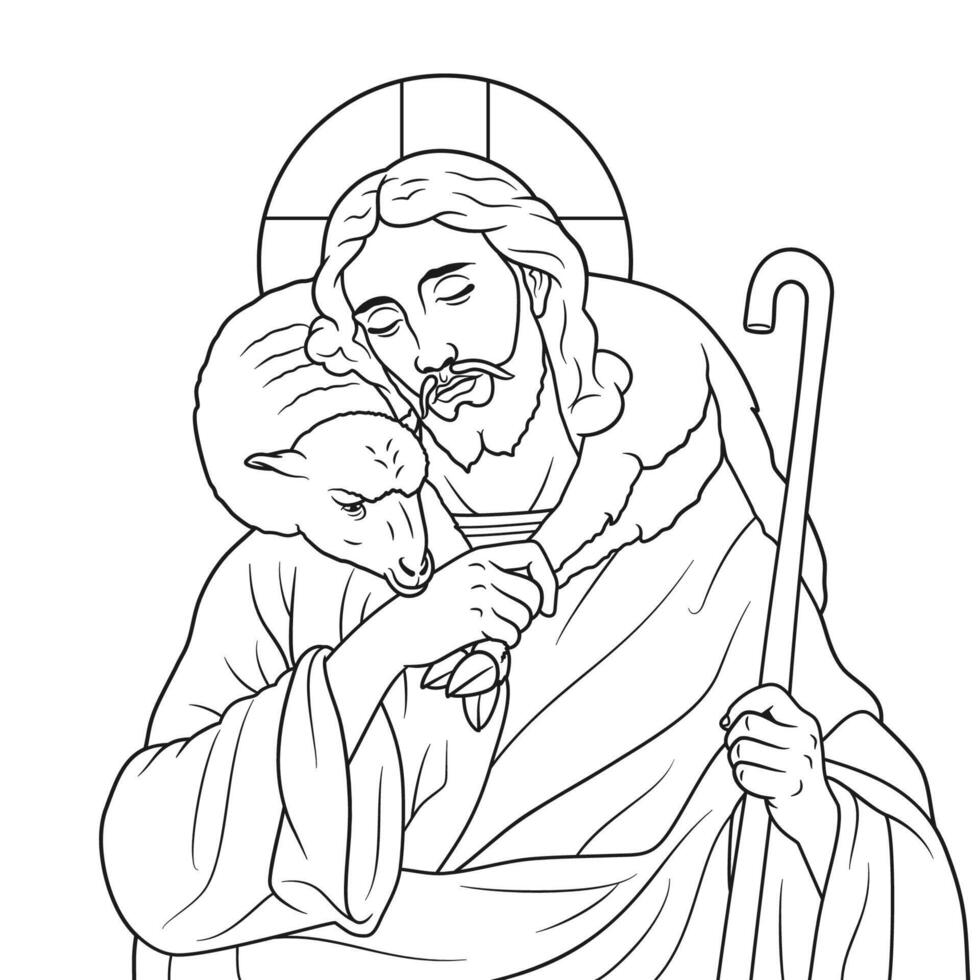 Jesus Christ the Good Shepherd carrying a sheep Vector Illustration Outline Monochrome