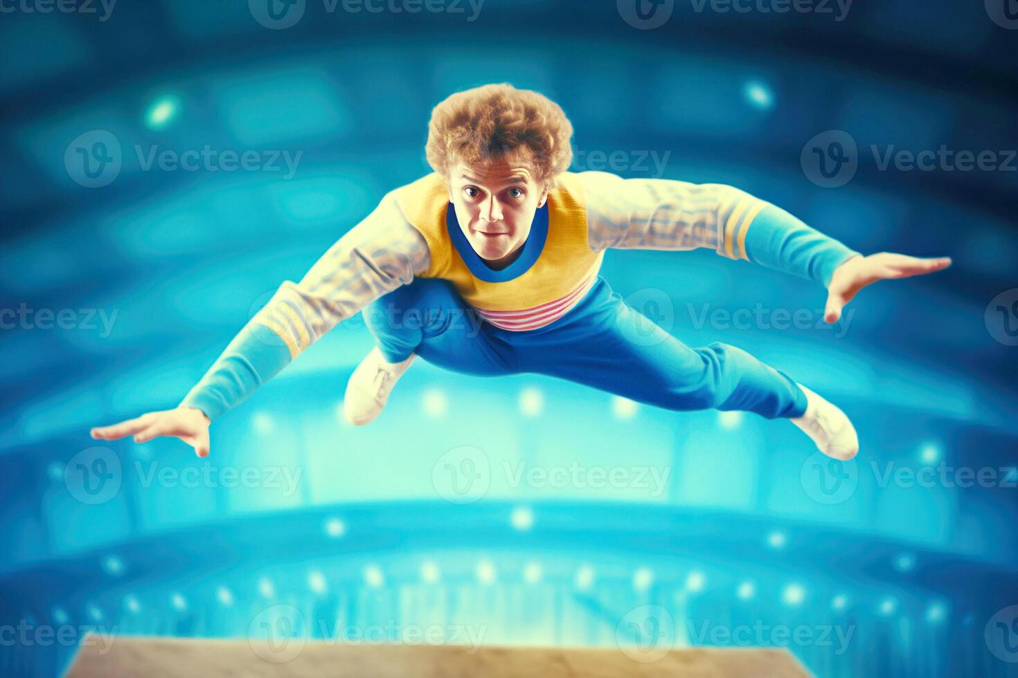 AI generated Male athlete in sports uniform in flight jumping in the air, stadium background. photo