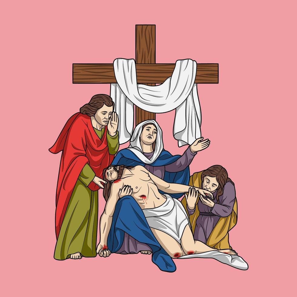 Descent of Jesus Christ from the Cross with Mary, John and Magdalene Colored Vector Illustration