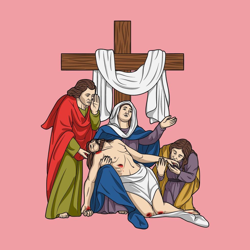 descendencia de Jesús Cristo desde el cruzar con María, Juan y magdalena de colores vector ilustración