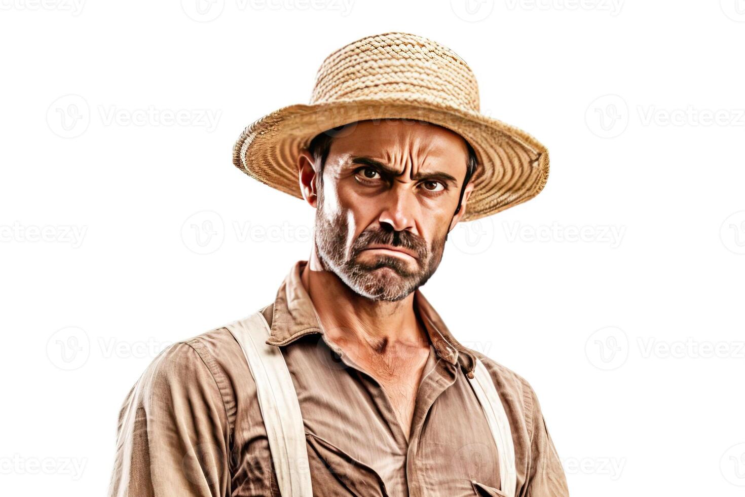 AI generated Excited irritated angry male farmer in work clothes, white background isolate. photo