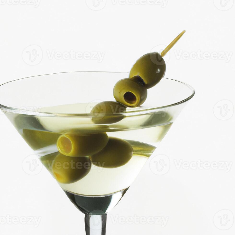 AI generated Alcohol, martini with olive and vodka, traditional cocktail drink. Evening classic drink. AI generated. photo