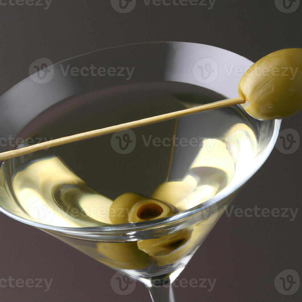 AI generated Alcohol, martini with olive and vodka, traditional cocktail drink. Evening classic drink. AI generated. photo