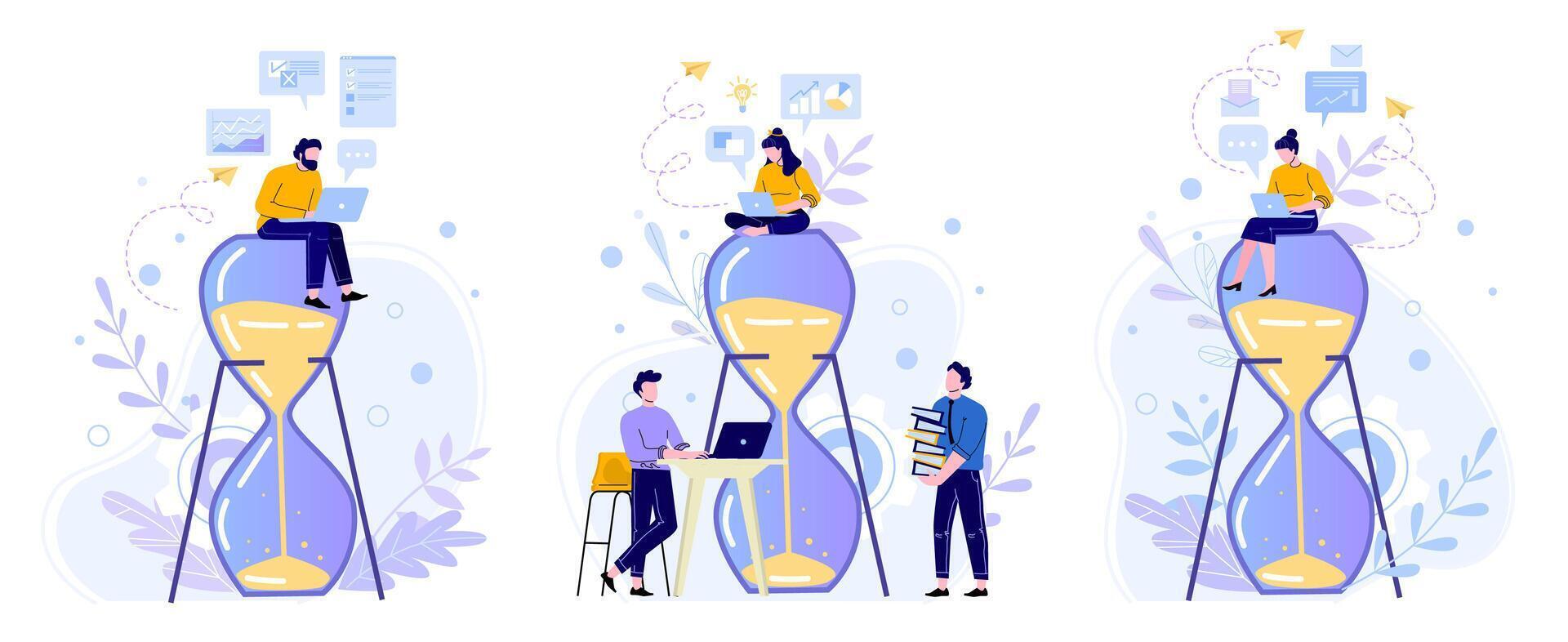 Time management hourglass. People work with laptop on sandglass, working hours and team productivity flat vector illustration set. Office workers cartoon characters. Performance concept