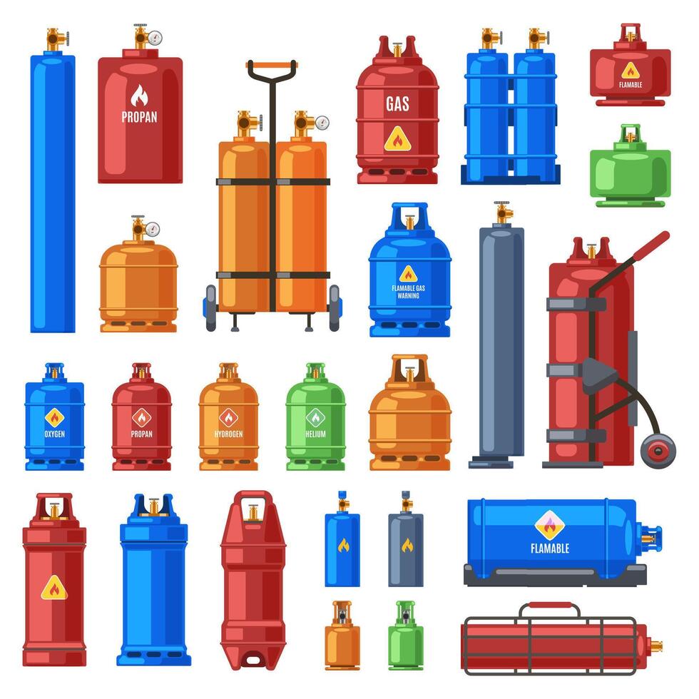 Gas cylinders. Propane, oxygen and butane metal containers, cylindrical helium tank, fuel storage gas bottle vector illustration icons set