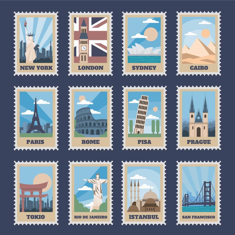 Travel postage stamps. Vintage stamp with national landmarks, retro stamping postmark world attractions and most popular points of world vector isolated icon set. Travel postcard with famous locations