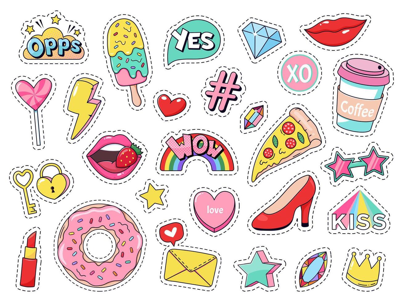 Fashion patches. Comic doodle girl badges, teenage cute cartoon stickers with funny food, pizza and donut, red lips and gems isolated vector illustration set