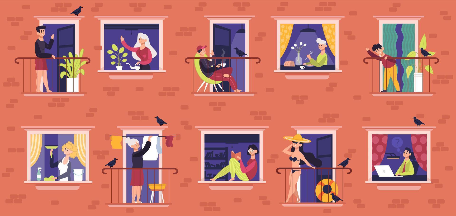 People in windows. Neighbors characters communicating, male and female people in windows frames, neighbors everyday life vector illustration set