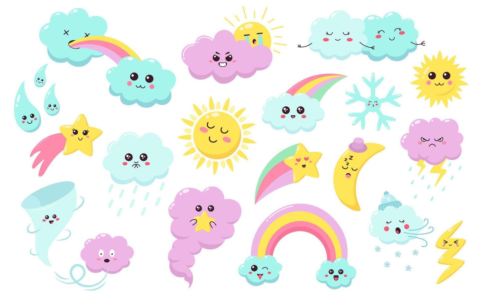 Hand drawn weather phenomena. Cute sun, clouds and rainbow, weather characters, baby star, snowflake and wind nursery isolated vector symbols set