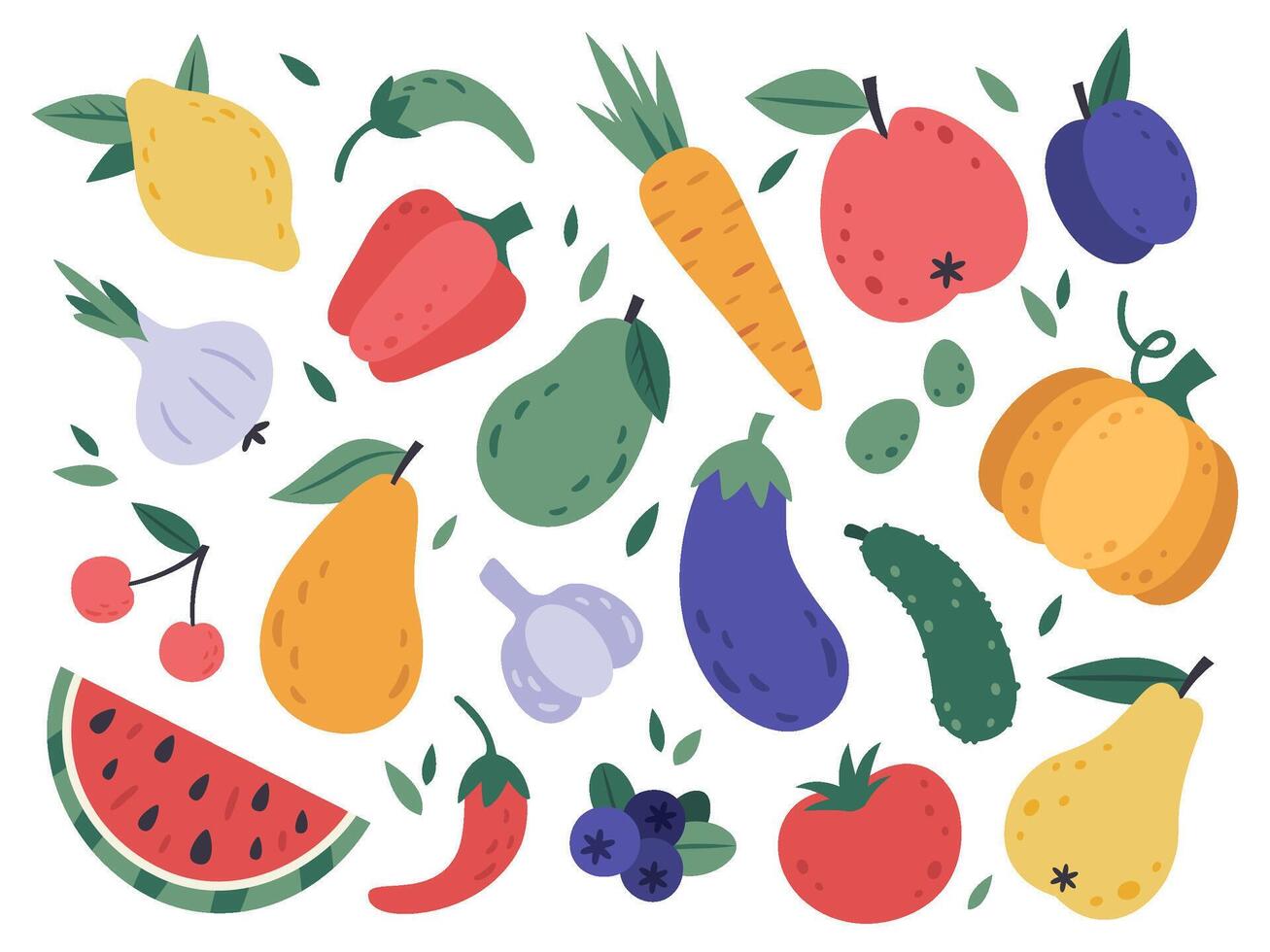mano dibujar frutas y vegetales. garabatear orgánico vegano verduras, tomate, berenjena y sabroso frutas y bayas. natural verduras y frutas vector ilustración conjunto