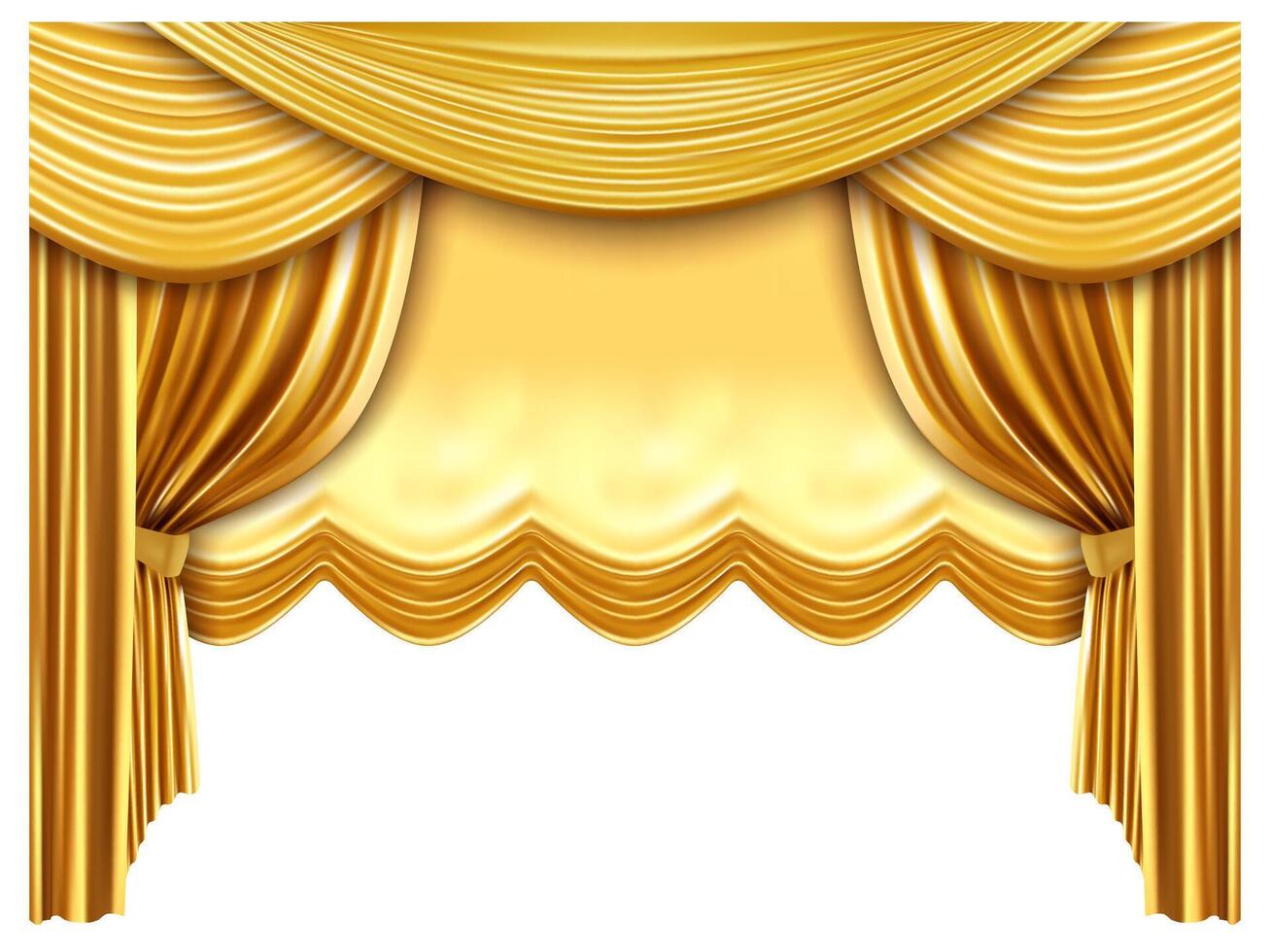Golden stage curtain. Realistic silk curtains, luxury opera scene