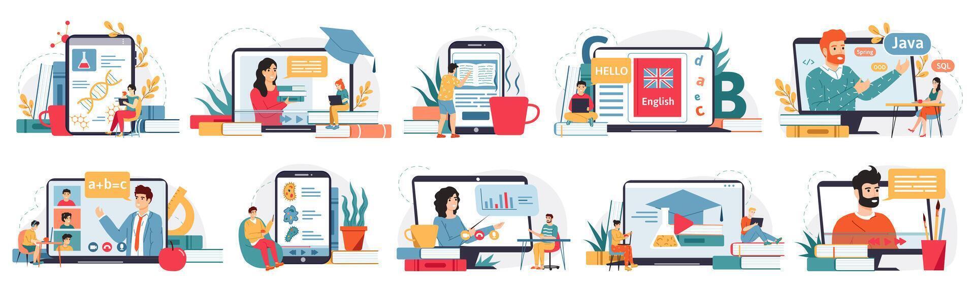 Online education. Internet classes, webinar or digital classroom, homeschooling on laptop screen. E-learning concept vector illustration set