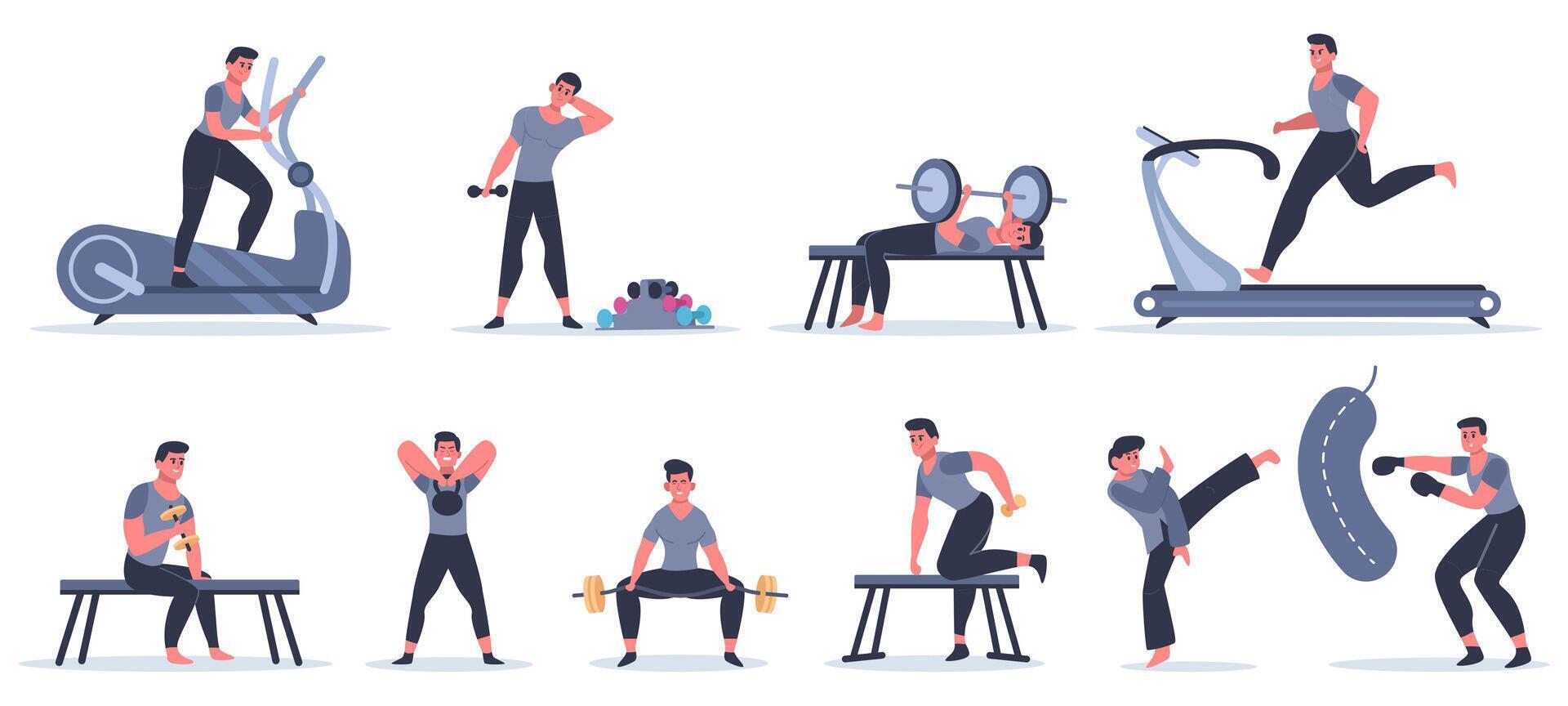 Men at sport gym. Male fitness character run, pull up, work with punching bag, sport character exercise at sport gym vector illustration set