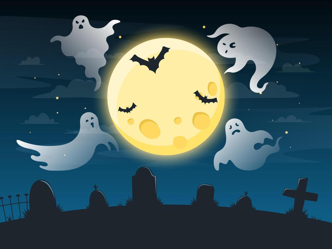 Halloween creepy poster. Flying scare ghosts, spooky ghost halloween character on dark ominous background, halloween poster vector illustration