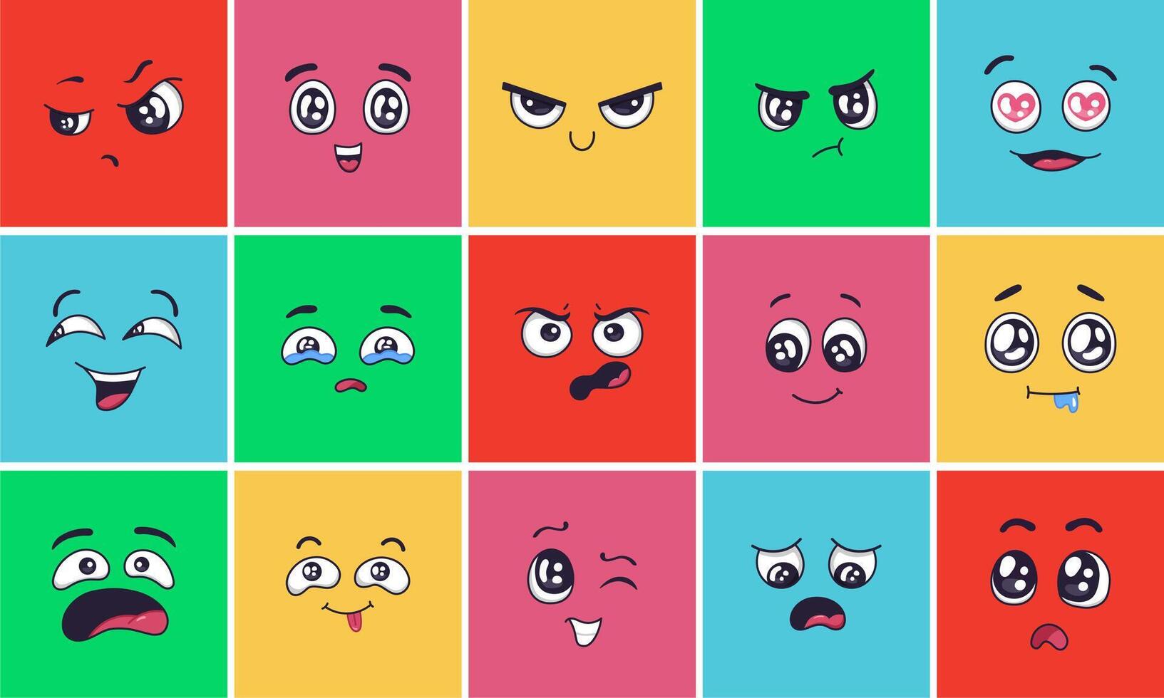 Cartoon face expressions. Surprising look faces, angry mood and doodle head vector illustration set. Cheerful, disappointed and laughing emoticons. Crying and winking facial expression, human feelings