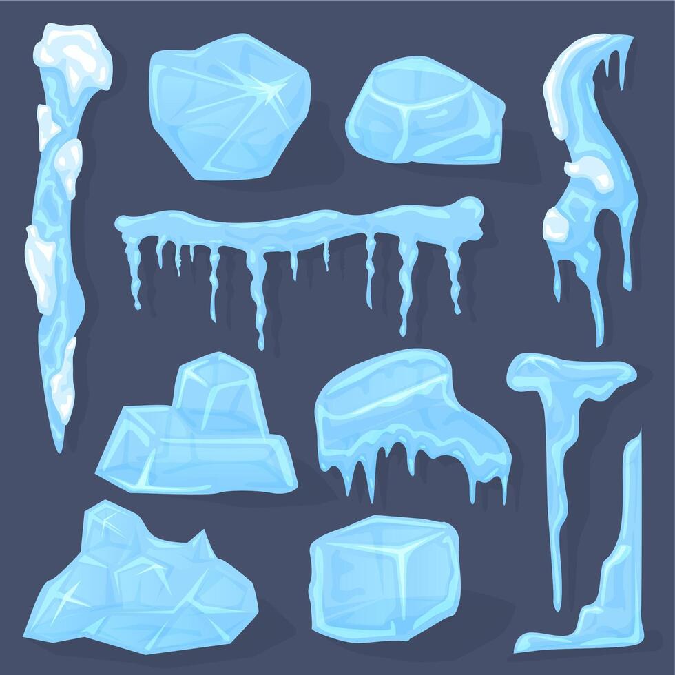 Winter icicles. Snow ice cap, frosted crystal cube white icicles sign, ice caps, piece and crystal block isolated vector illustration symbols set