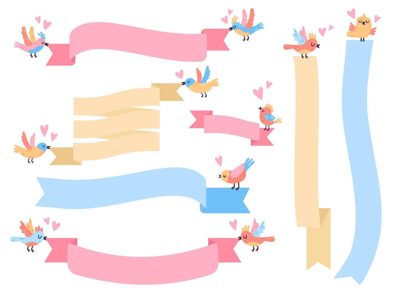 Birds with ribbon. Cute little flying birds holding ribbon banners, hand drawn birds with banners vector illustration symbols set