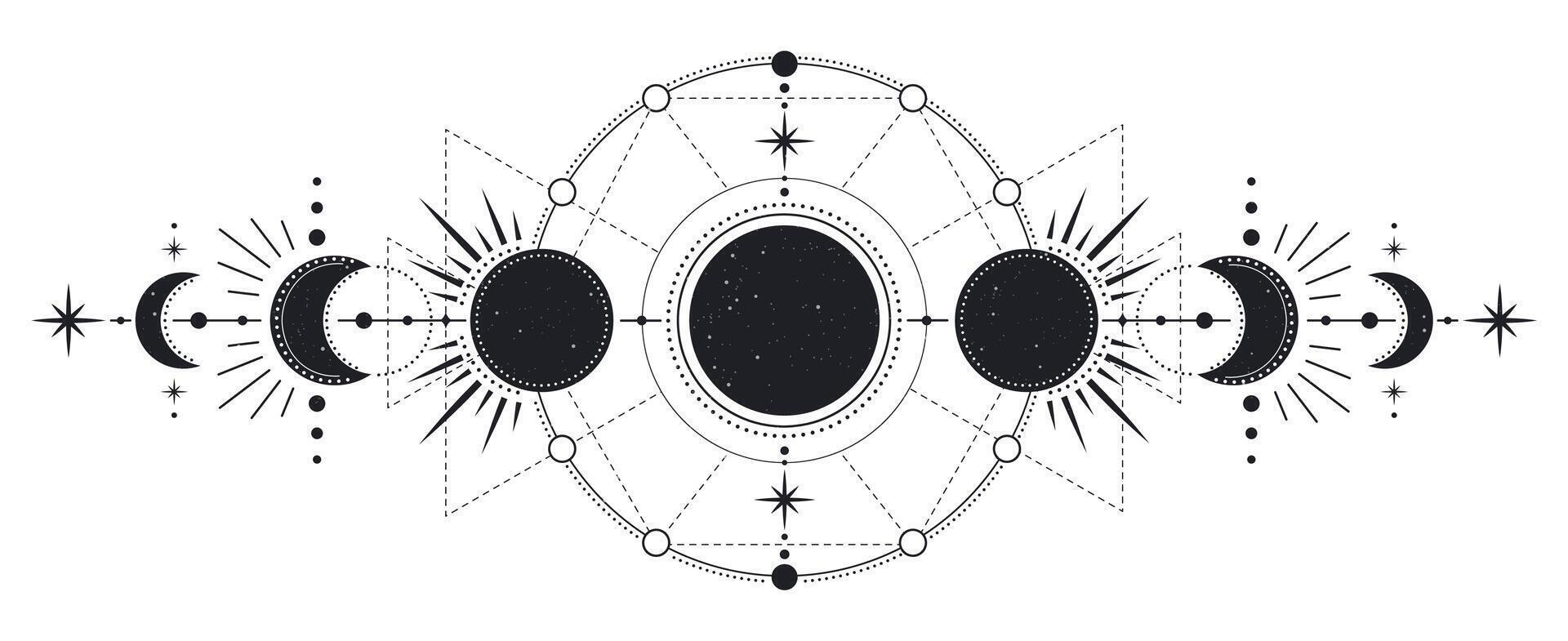 Luna etapas. misterioso luz de la luna actividad etapas, mano dibujado sagrado geometría luna, magia astrología símbolos, etapas de Luna vector ilustración