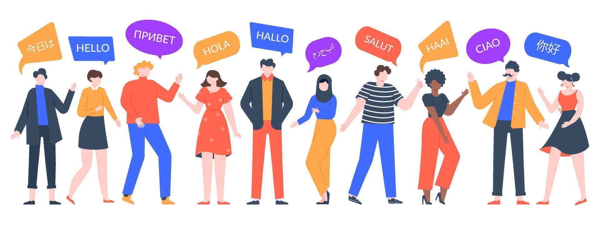 personas decir Hola. grupo de multiétnico hombres y mujer discurso, multicultural caracteres decir Hola. unidad de asiático, africano y europeo humanos vector ilustración