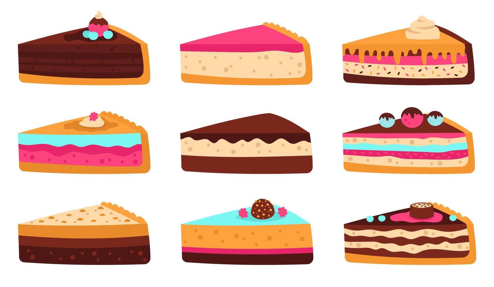 Cake slices. Sweet sliced birthday pie, cheesecake, layered sponge cake, delicious pastry glaze fruit, chocolate dessert vector illustration set