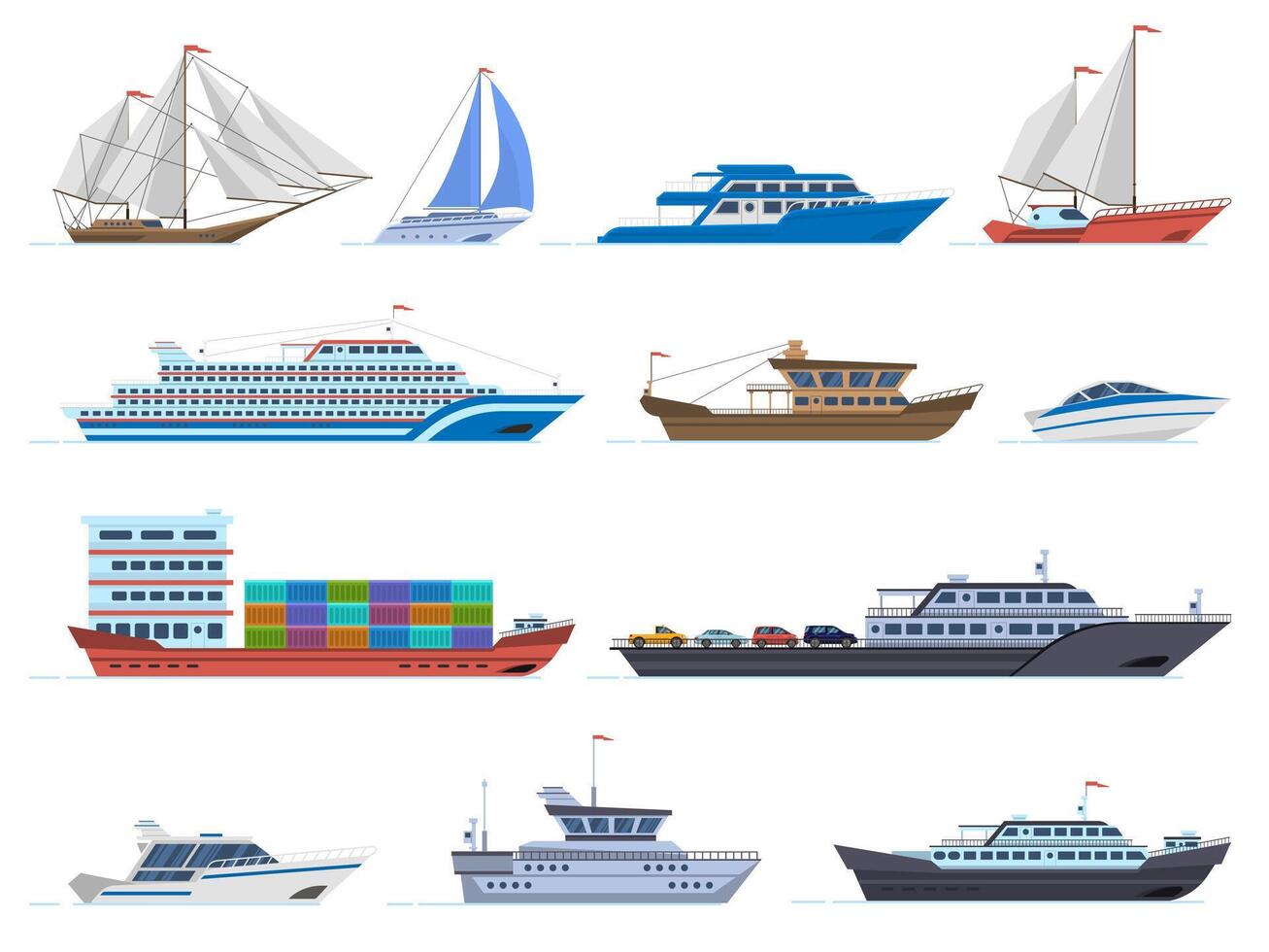 velero buques. mar transporte barcos, carga barco, yate, navegación bote, velocidad barco y Oceano crucero transatlántico, veleros aislado vector íconos conjunto