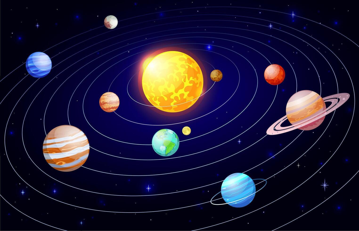 Cartoon solar system. Orbit astronomy space scheme, galaxy celestial bodies and planets satellites, universe planetary system vector illustration